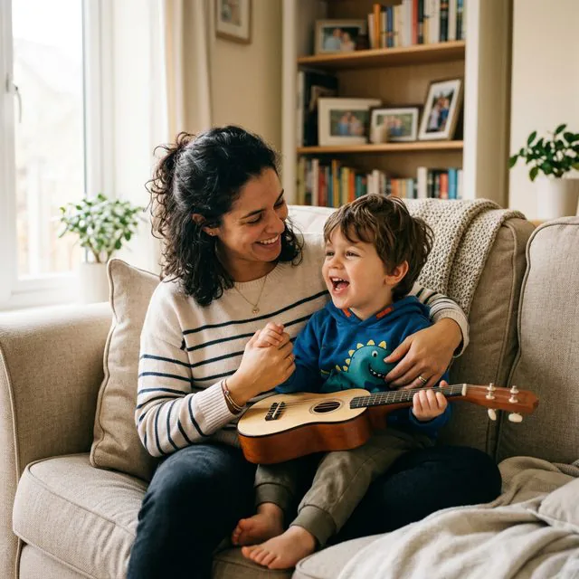 Mãe e filho cantando juntos no sofá