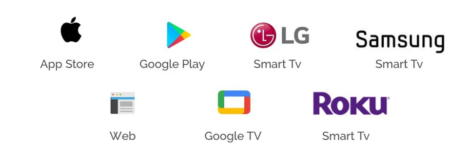 App Store, Google Play, LG Smart TV, Samsung Smart TV, Web, Google TV e Roku